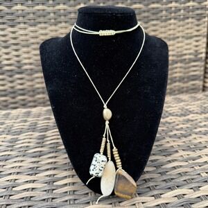 Boho Stone Pendant Necklace Adjustable Cord Tiger Eye Jasper Dangle Beaded